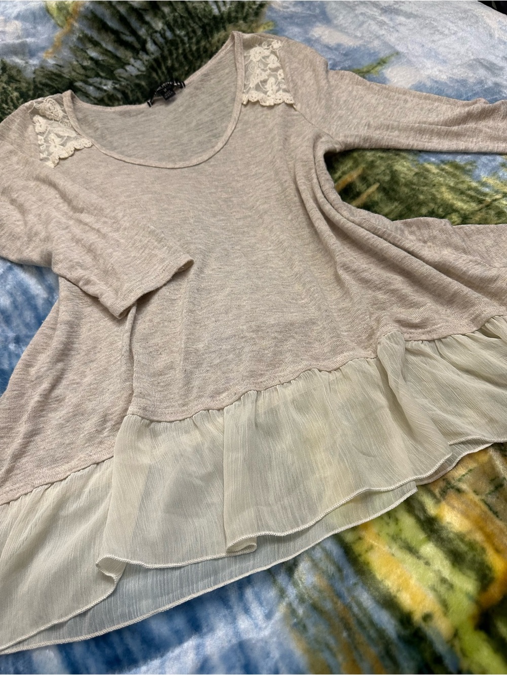 living doll Cream Lace-Shoulder Ruffle Hem Tunic